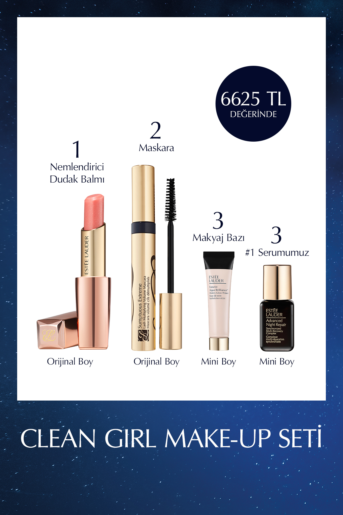 Estee Lauder Clean Girl Make-Up Seti - Dudak Balmı, Maskara 8ml, Makyaj Bazı 5ml ve Onarıcı Serum 7ml