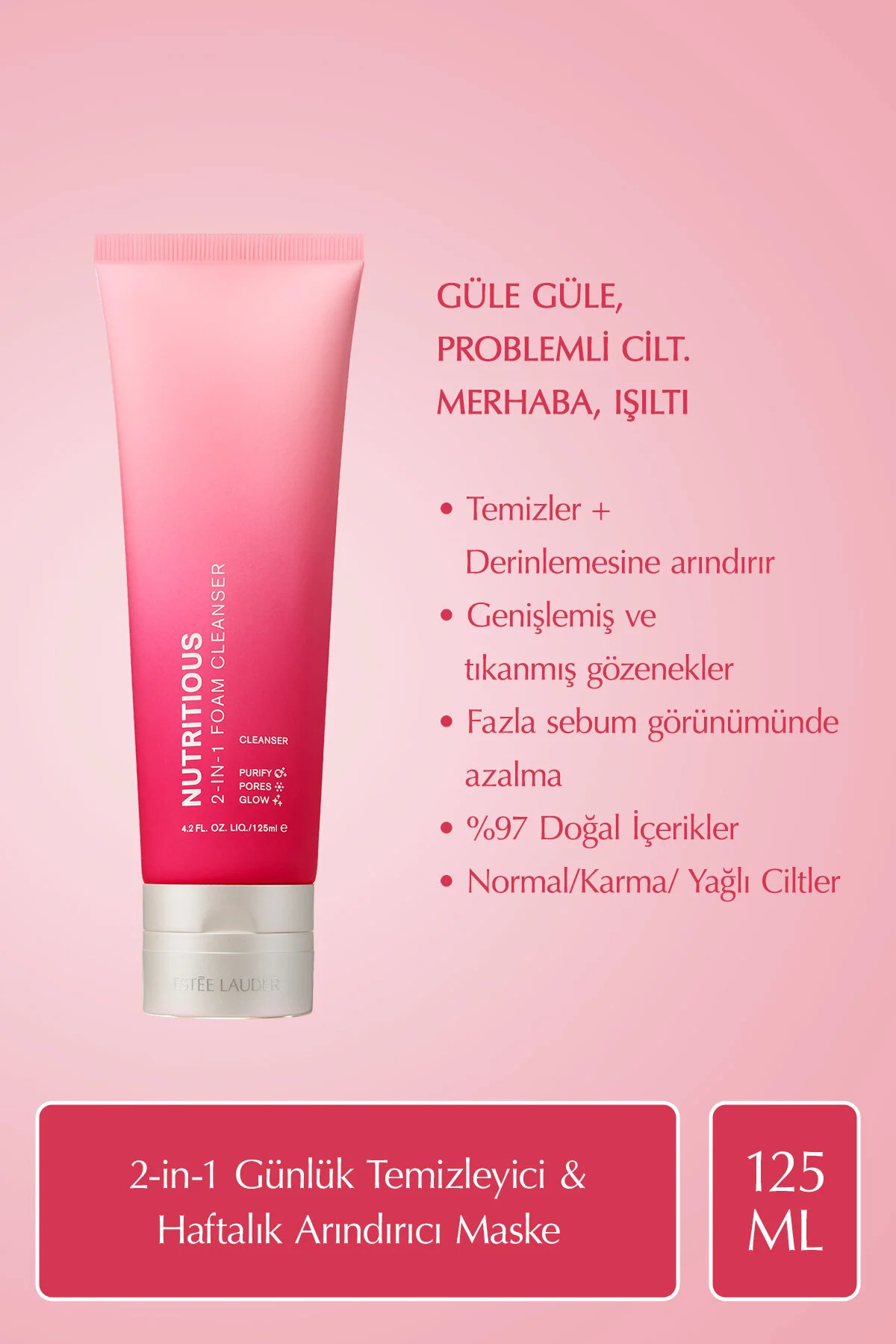 Estee Lauder Nutritious 2-in-1 Yüz Temizleme Köpüğü & Maske, Gözenekler, Yağ Kontrolü, Doğal İçerikler - 125ml