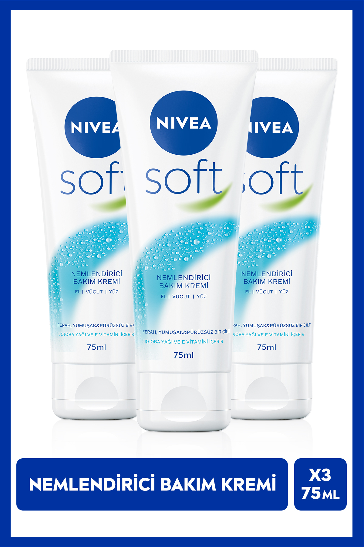 NIVEA Soft Nemlendirici Bakım Kremi 75ml, Jojoba Yağı,E Vitamini, El Yüz Vücut, Yumuşak Canlı Cilt, 3 Adet