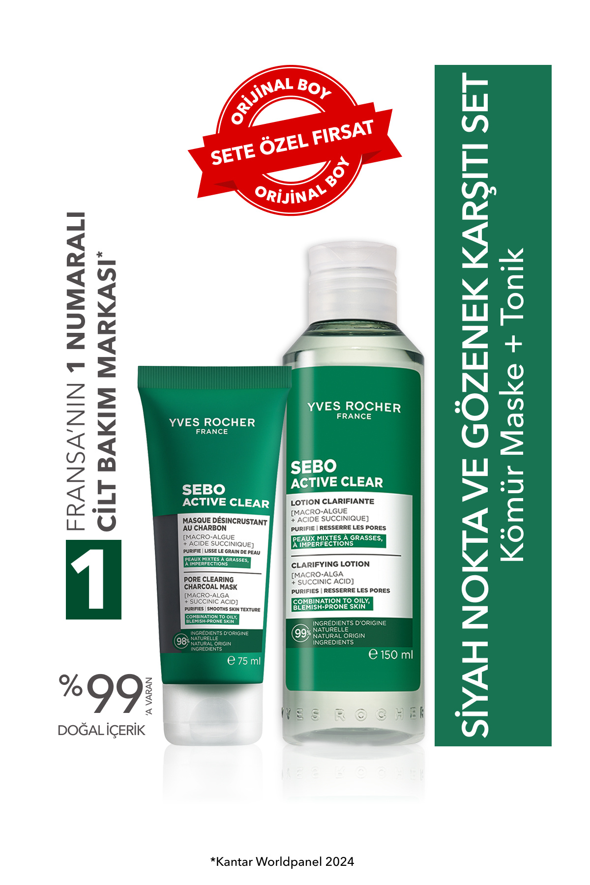 Yves Rocher Siyah Nokta ve Gözenek Karşıtı Set-Kömür Maske 75 ml & Tonik 150 ml