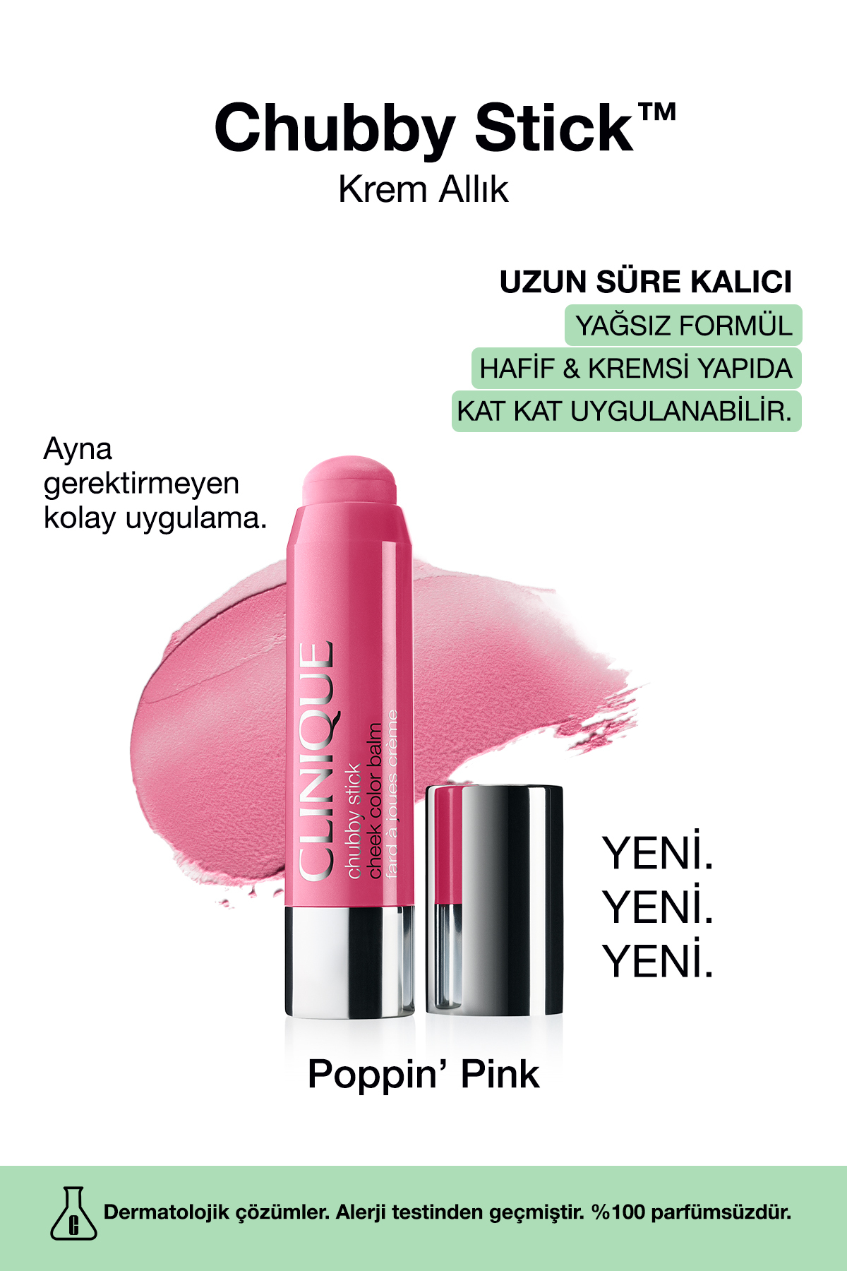 Clinique Chubby Stick™ Cheek Krem Allık - Renk: Poppin' Pink 6g | Doğal Görünüm, Yağsız Formül