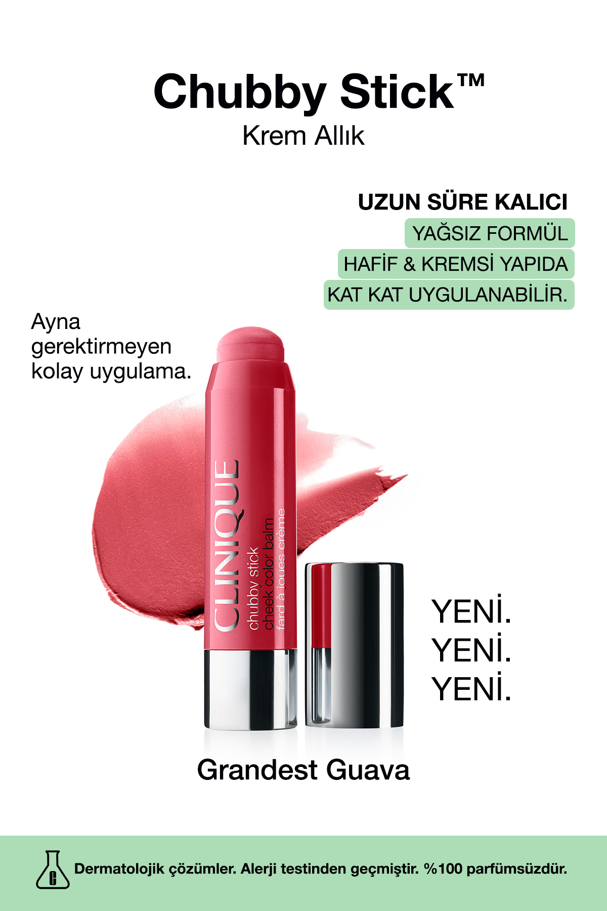 Clinique Chubby Stick™ Cheek Krem Allık - Renk: Grandest Guava 6g | Doğal Görünüm, Yağsız Formül
