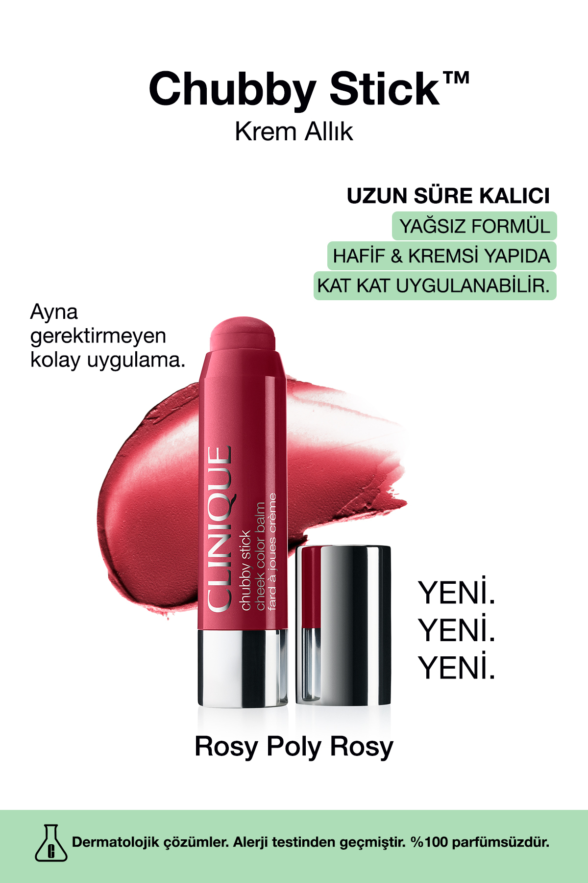 Clinique Chubby Stick™ Cheek Krem Allık - Renk: Roly Posy Rosy 6g | Doğal Görünüm, Yağsız Formül