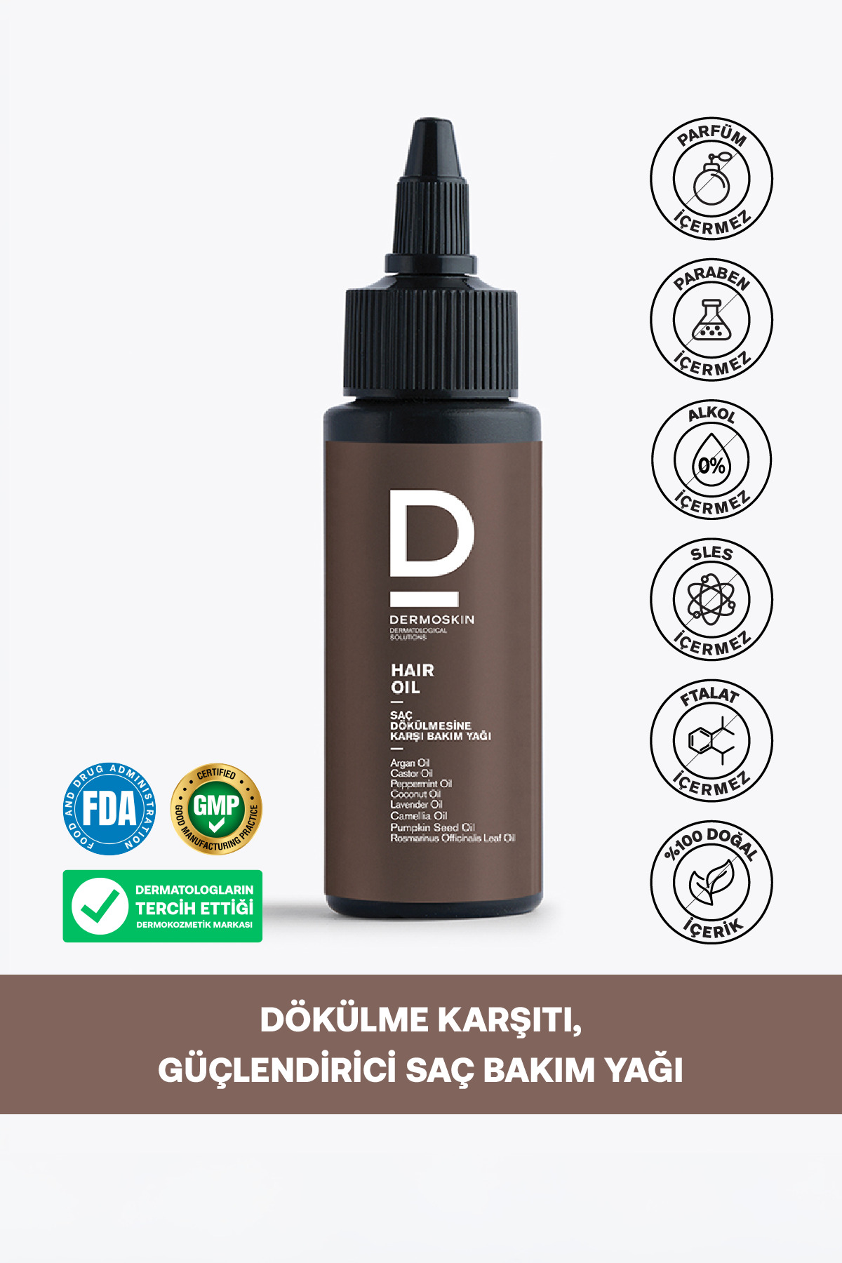 Dermoskin Saç Bakım Yağı | Saç Dökülme Karşıtı | Argan Yağı | Hint Yağı | Biberiye Yağı | 50 ml