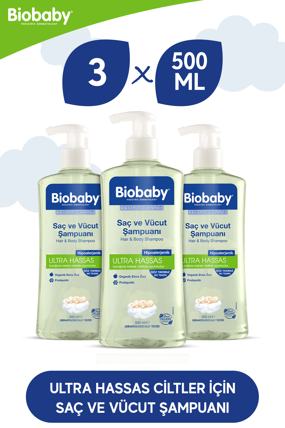 Biobaby Ultra Hassas Saç Ve Vücut Bebek Şampuanı 500 ml Prebiyotik Alman Papatyası - Organik Içerik 3 Lü Set