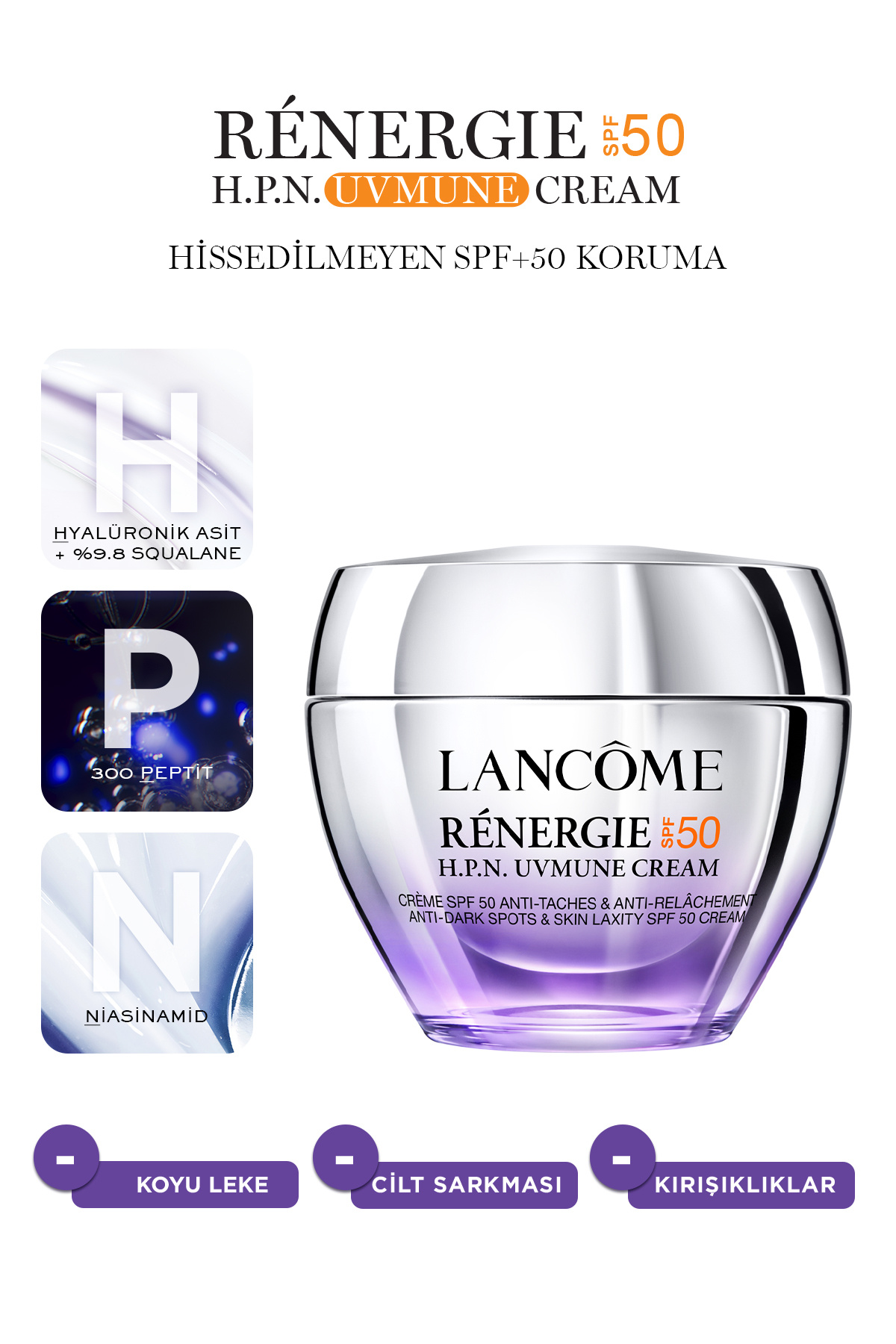 Lancome Renergie UVmune Peptit Krem SPF50 Hyalüronik Asit, 300-Peptit, Niasinamid 50 ml 3614274420364