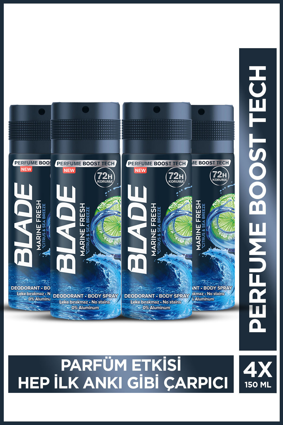 Blade Marine Fresh Erkek Alüminyumsuz Deodorant Body Spray 4x150 Ml Hızlı Kurur, Leke Bırakmaz