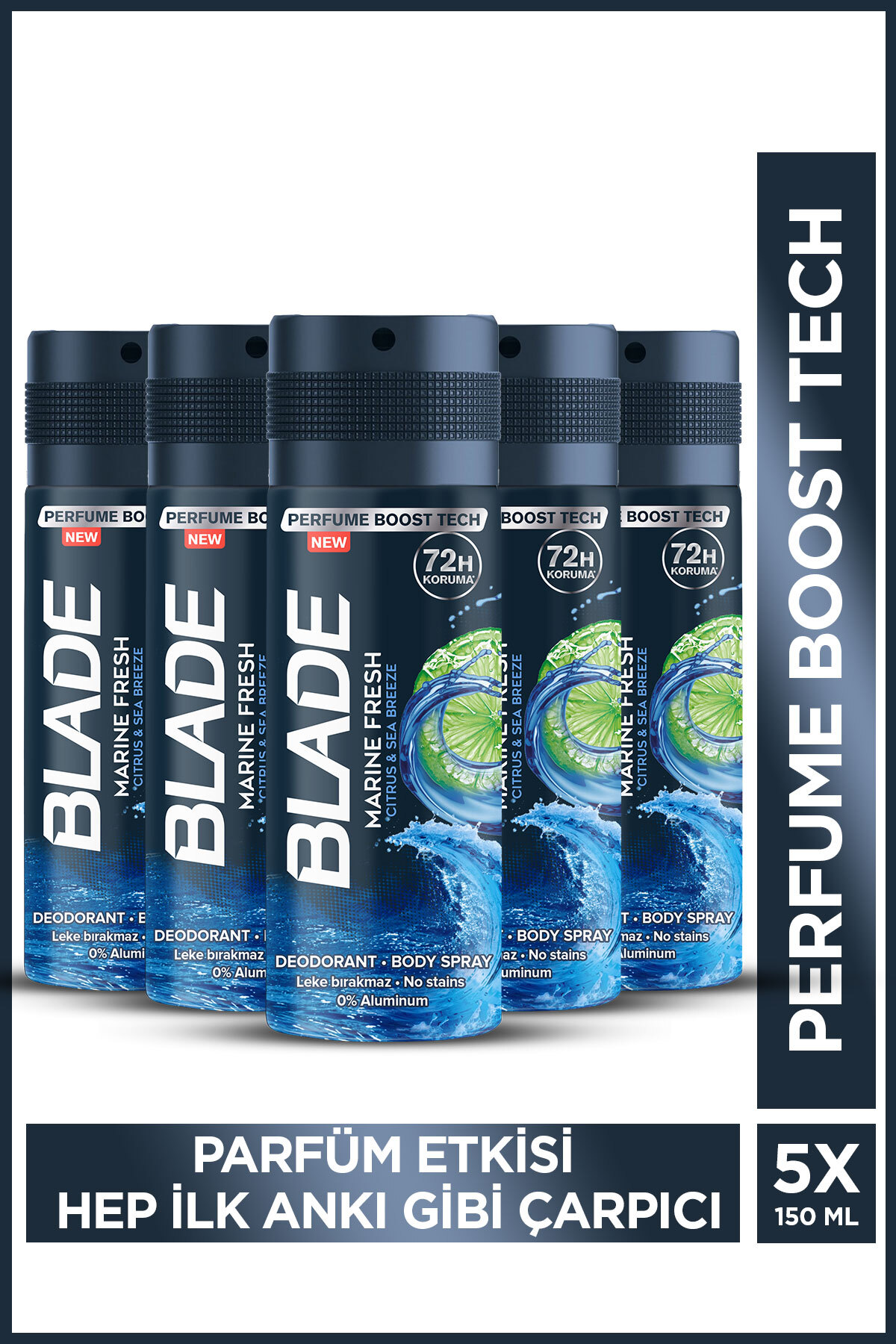 Blade Marine Fresh Erkek Alüminyumsuz Deodorant Body Spray 5x150 Ml Hızlı Kurur, Leke Bırakmaz