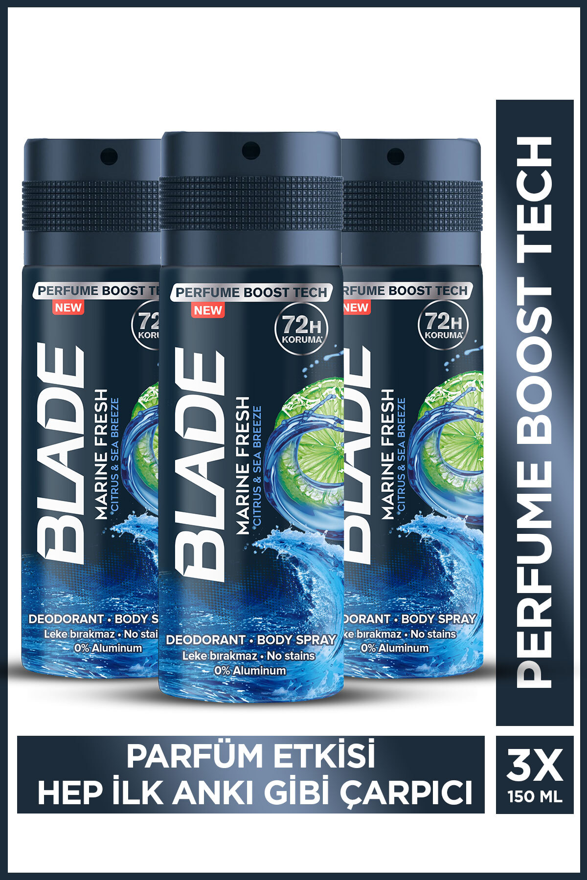 Blade Marine Fresh Erkek Alüminyumsuz Deodorant Body Spray 3x150ml Hızlı Kurur,Leke Bırakmaz