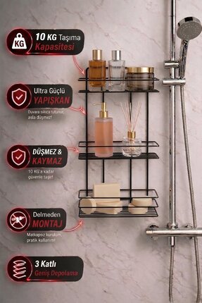 Sas Haus3 Katlı Siyah Yapışkanlı Banyo Rafı, Şampuanlık Duş Düzenleyici, Metal Banyo Duvar Askısı