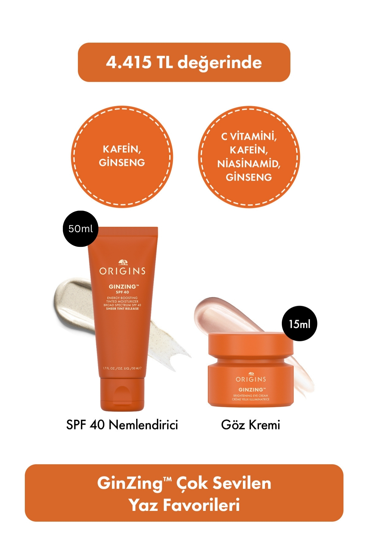 Origins GinZing™ Makyajsız Işıltılı Cilt Seti i: SPF40 Nemlendirici 50ml & Göz Kremi 15ml