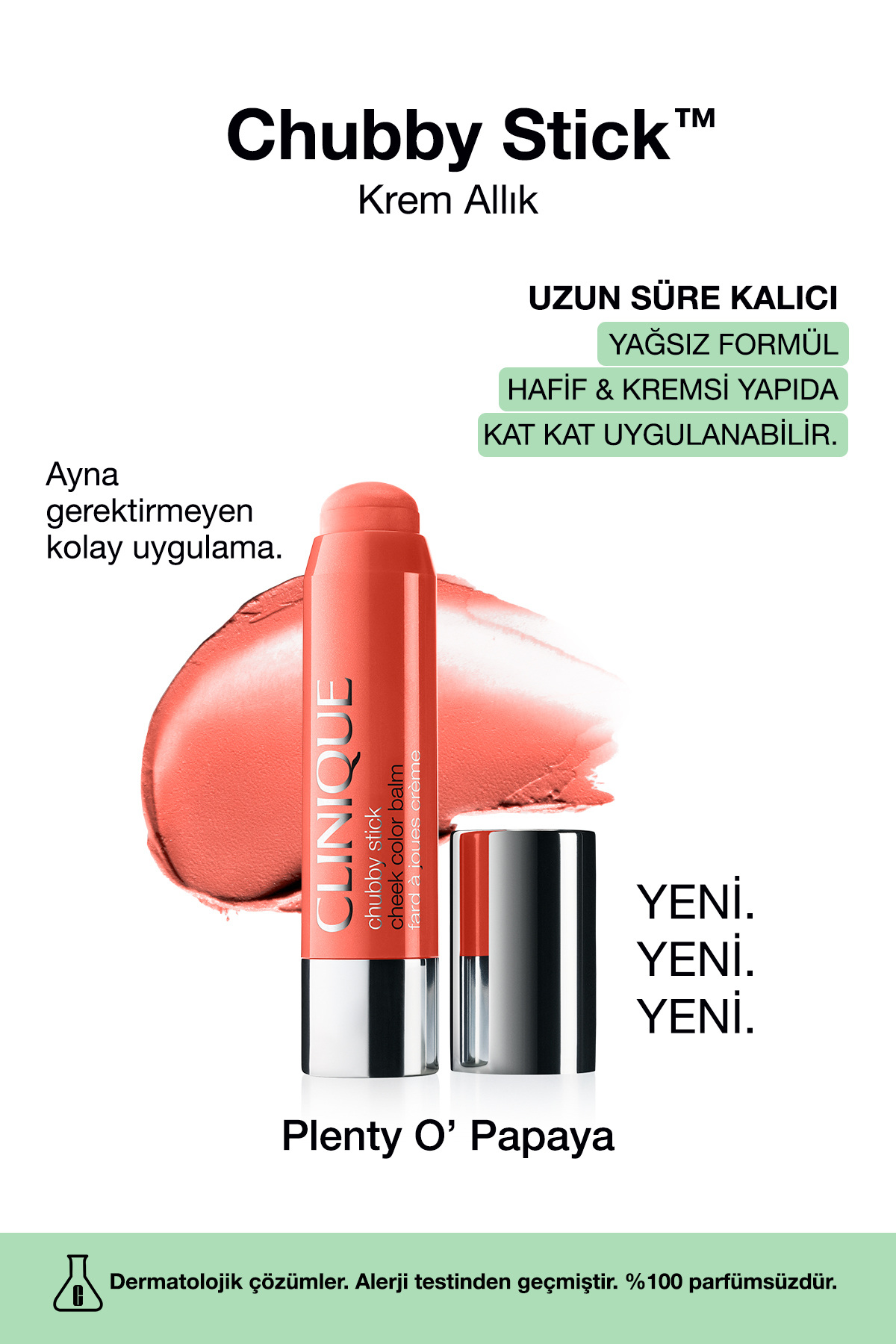 Clinique Chubby Stick™ Cheek Krem Allık - Renk: Plenty O' Papaya 6g | Doğal Görünüm, Yağsız Formül