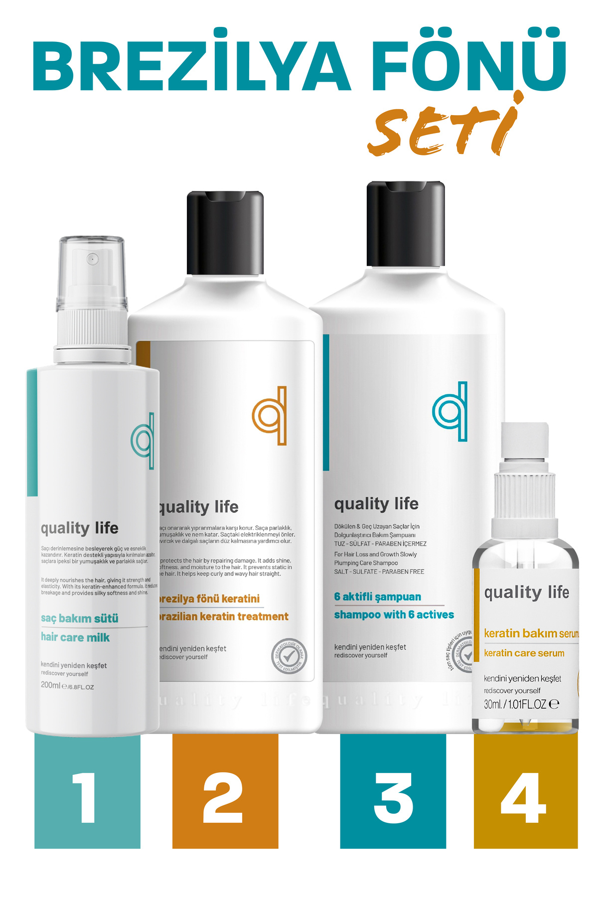 Quality Life Keratin Seti Brezilya Fönü Saç Düzleştirici Saç Bakım Sütü Tuzsuz Şampuan Botox Milk Keratini Bakımı