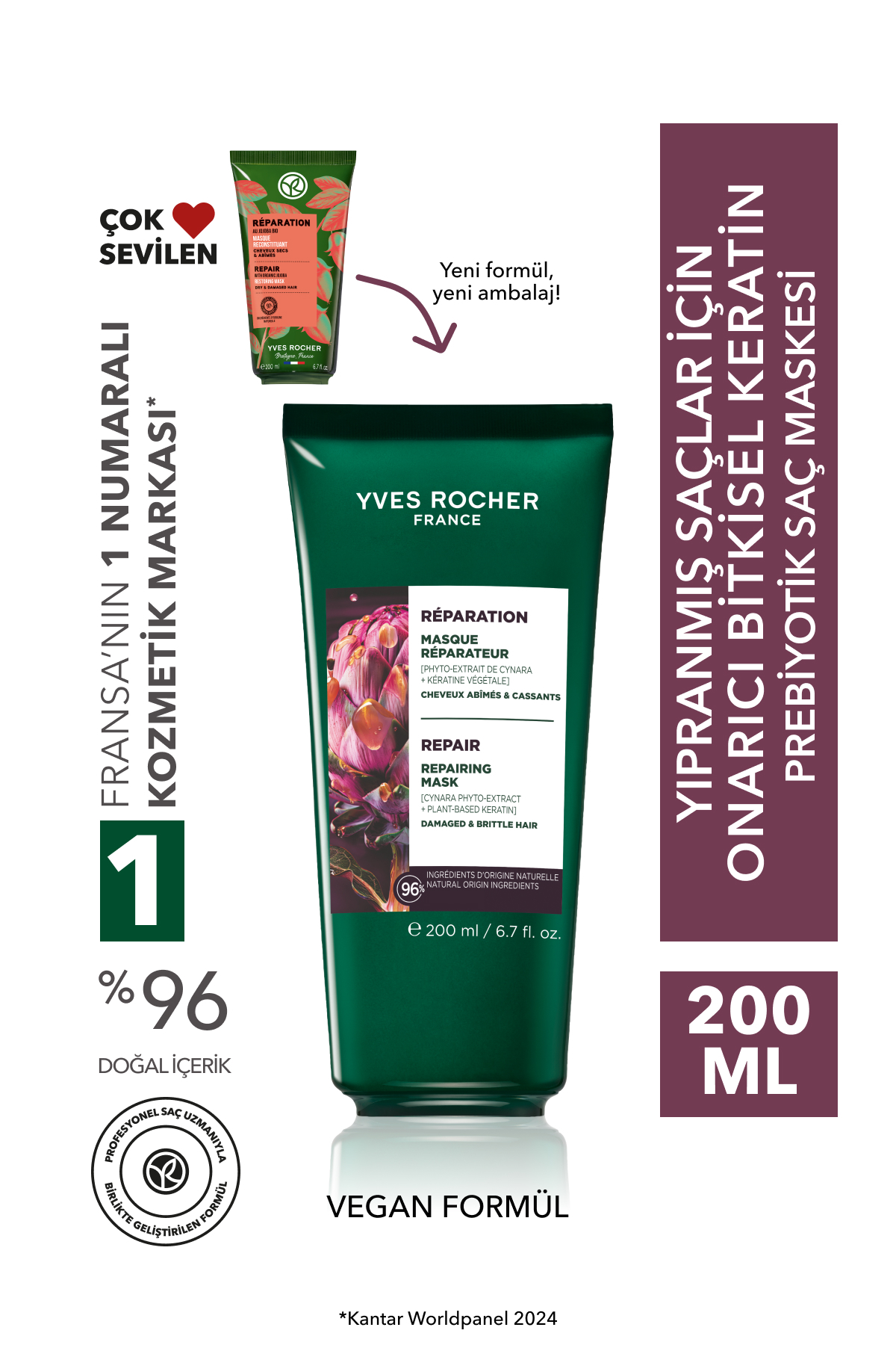 Yves Rocher Onarıcı Bitkisel Keratin Prebiyotik Saç Maskesi - Yıpranmış Saçlar / Reparation -Vegan -200ml