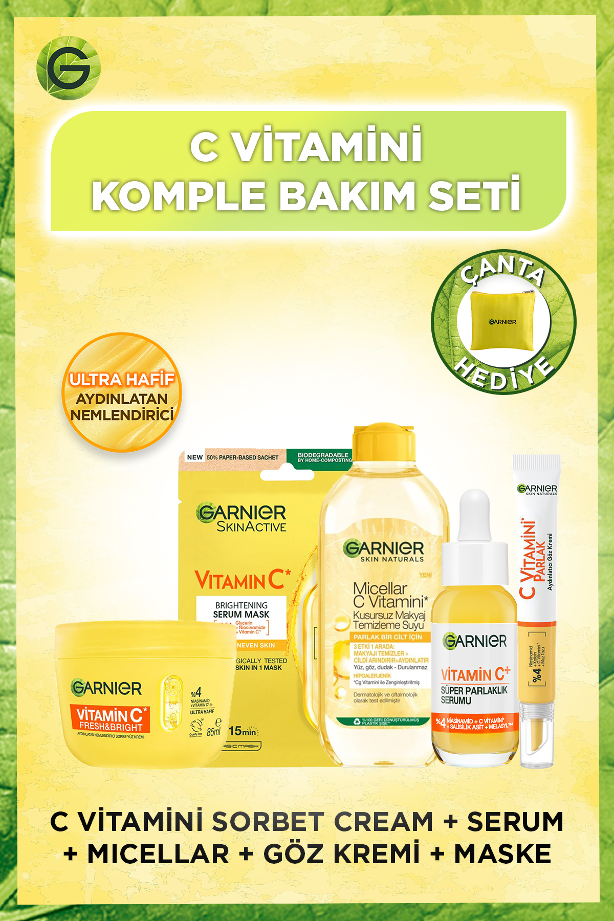 Garnier C Vitamini Bakım Seti: Yüz Kremi, Kağıt Maske, Serum, Göz Kremi, Makyaj Temizleme Suyu