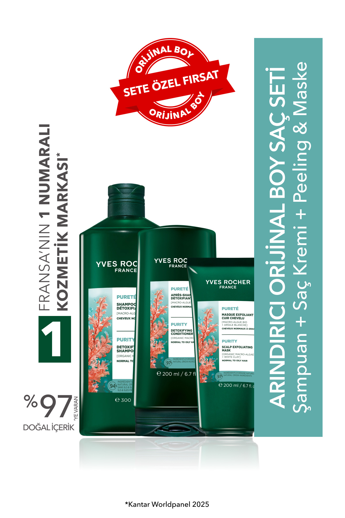 Yves Rocher Arındıcı Orjinal Boy Saç Seti- Şampuan 300 ml & Saç Kremi 200 ml & Peeling ve Maske 200 ml