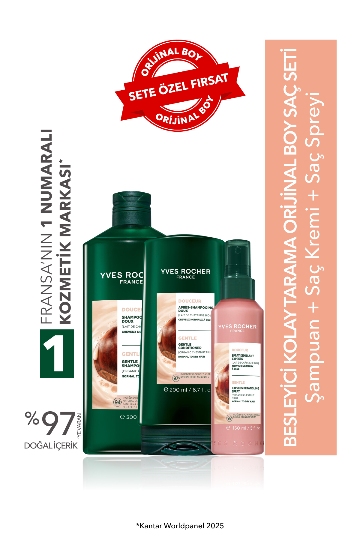 Yves Rocher Besleyici Kolay Tarama Orjinal Boy Saç Seti- Şampuan 300ml & Saç Kremi 200ml & Saç Spreyi 150 ml