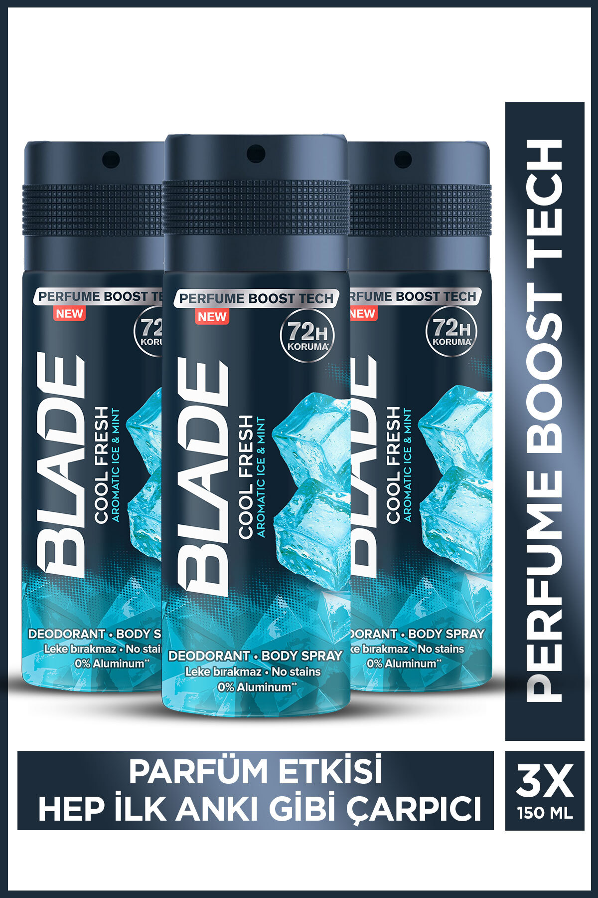 Blade Cool Fresh Erkek Alüminyumsuz Deodorant Body Spray 3x150ml Hızlı Kurur,Leke Bırakmaz