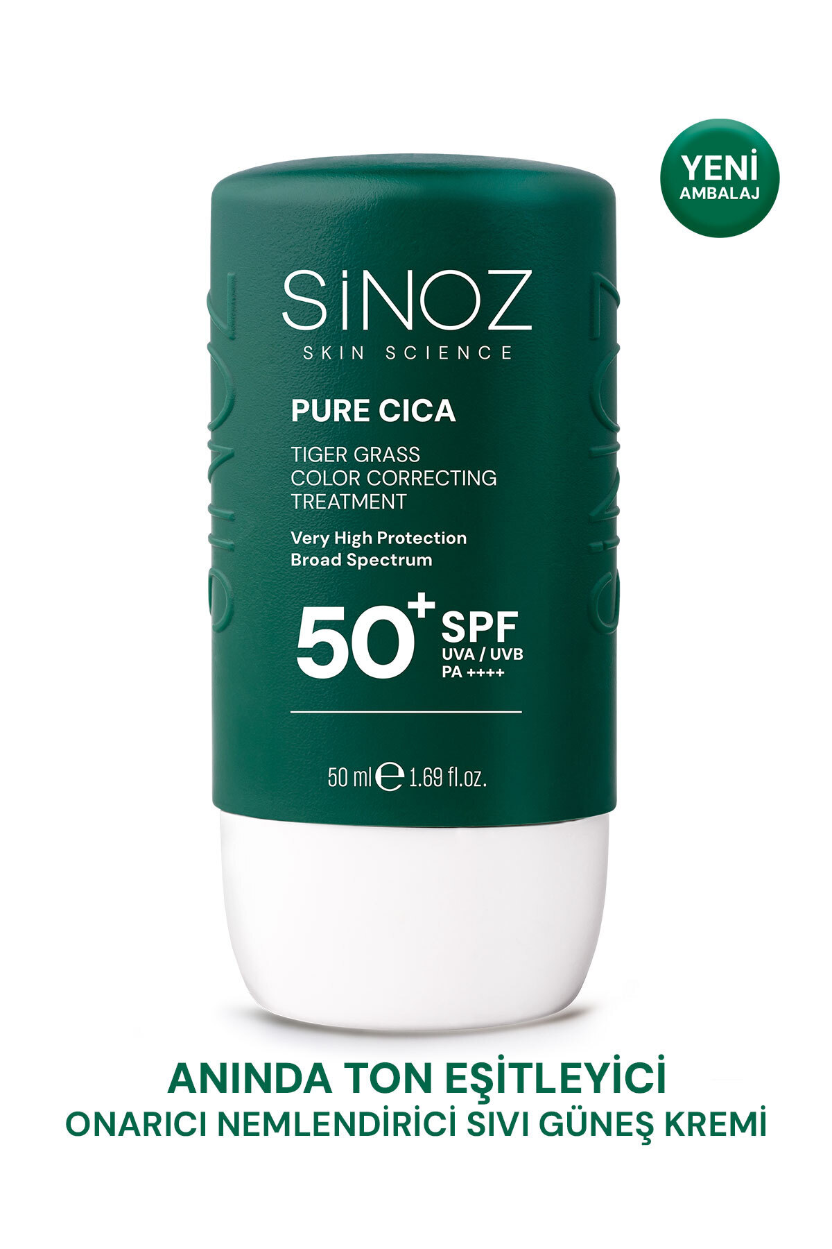 SİNOZ Pure Cica Tiger Grass Anında Ton Eşitleyici Onarıcı Nemlendirici SPF50+ Sıvı Yüz Güneş Kremi PA++++ (Koyu Tenler İçin)