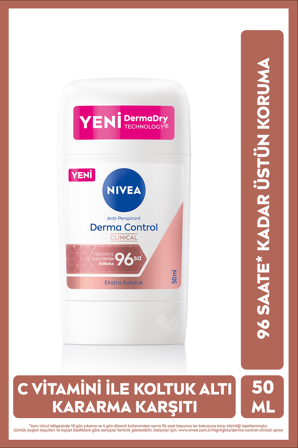 NIVEA Kadın Stick Deodorant Derma Control Clinical 50ml, 96 Saat Etkili Koruma,Koltuk Altı Kararma Karşıtı