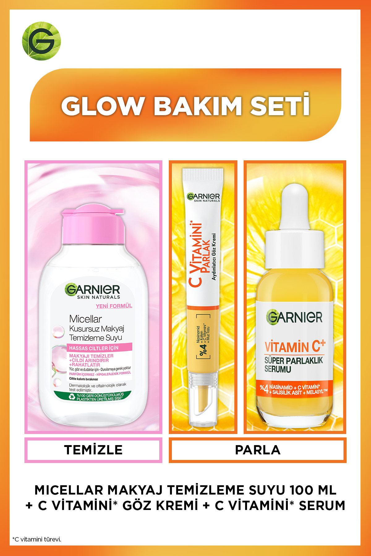 Garnier Glow Bakım Seti - C Vitamini Serum & 100 ml Micellar & Göz Kremi & Maybelline Mini Maskara Hediye