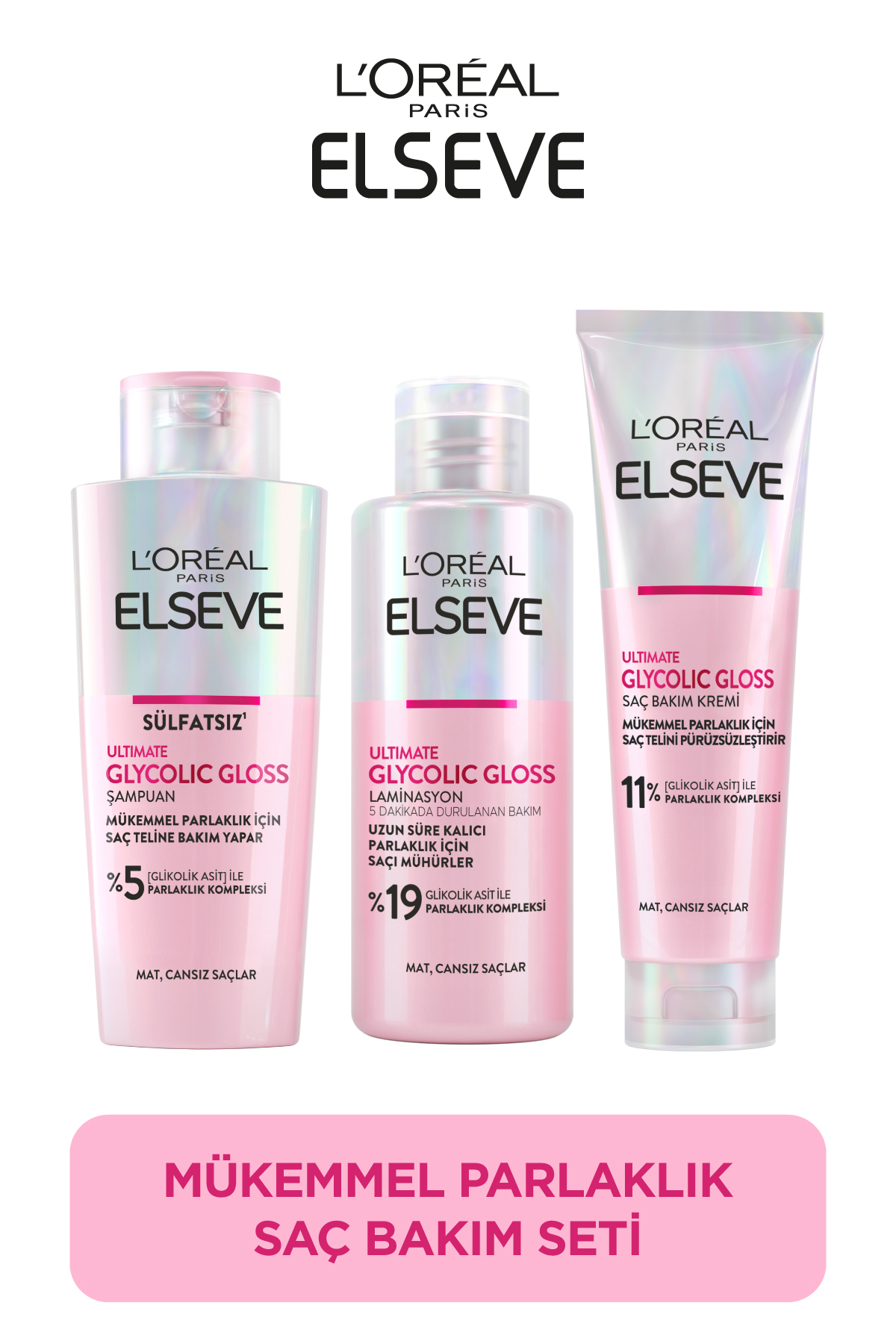 ELSEVE Ultimate Glycolic Gloss Mükemmel Parlaklık 3'lü Saç Bakım Seti: Şampuan , Saç Kremi, Laminasyon