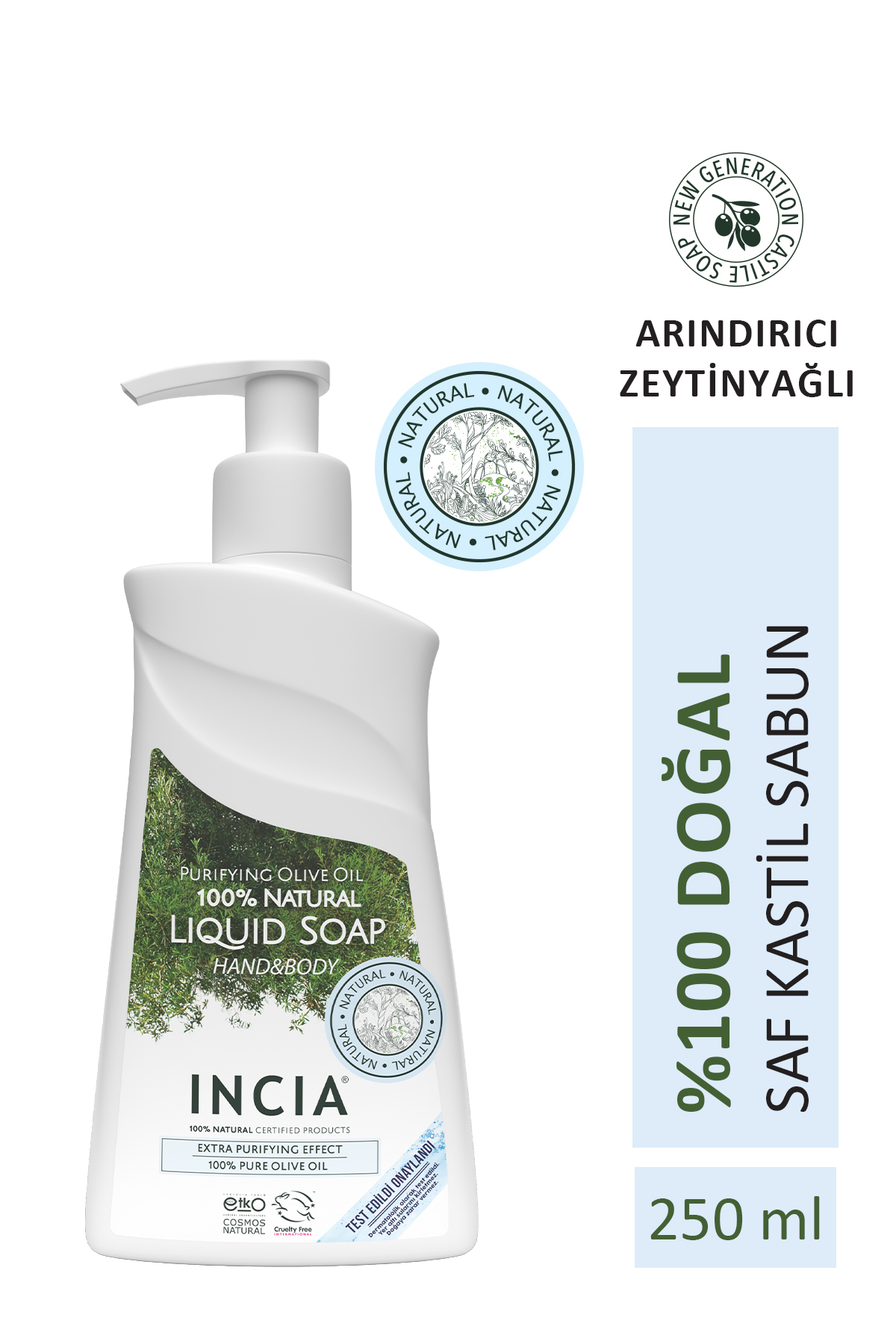 Incia %100 Doğal Sıvı Kastil Sabunu Arındırıcı Zeytinyağlı 10 Bitkisel Değerli Yağ Vegan 250 ml