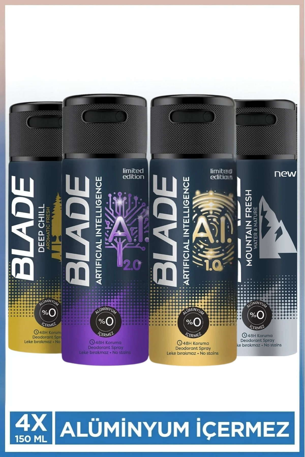 Blade Erkek Deodorant (Artificial Intelligence, Deep Chill, Mountain Fresh) 4x150 Ml Leke Bırakmaz