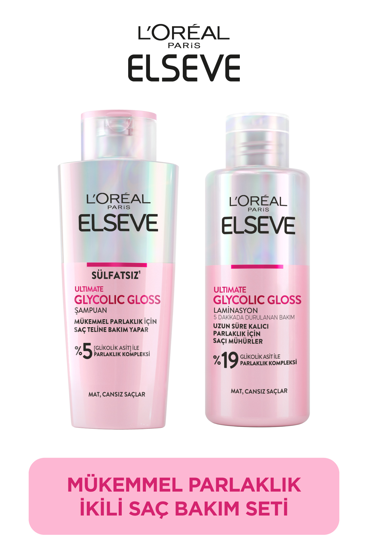 ELSEVE Ultimate Glycolic Gloss Mükemmel Parlaklık 2'li Saç Bakım Seti: Şampuan & Laminasyon Bakım