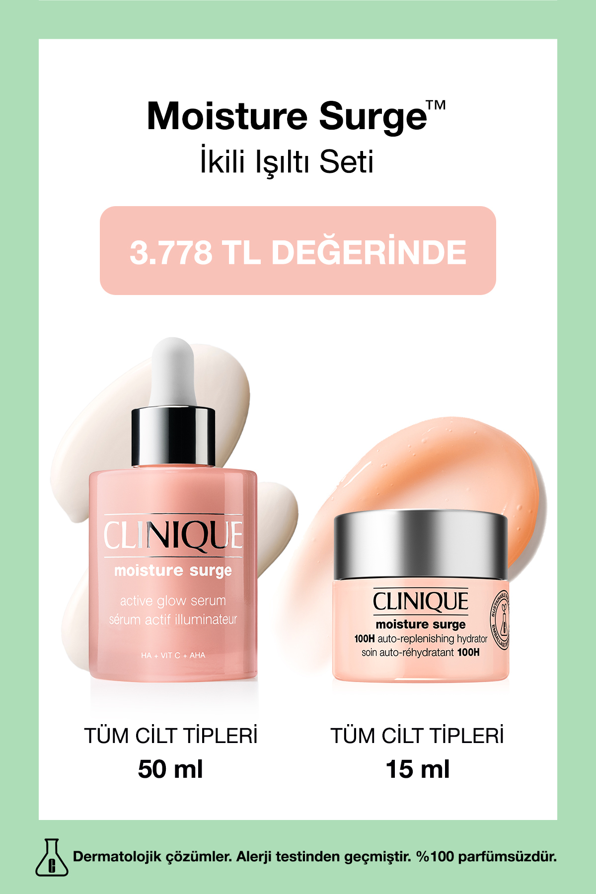 Clinique Moisture Surge™ İkili Işıltı Seti | Moisture Surge Nemlendirici Yüz Kremi 15ml + Işıltı Serumu 50ml
