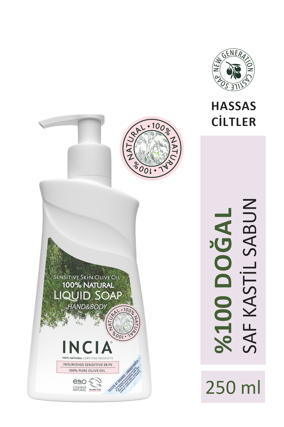 Incia %100 Doğal Sıvı Kastil Sabunu Hassas Ciltler İçin Zeytinyağlı 10 Bitkisel Değerli Yağ Vegan 250 ml