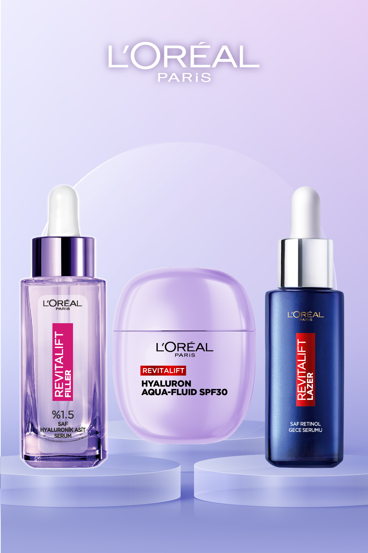L'Oreal Paris 3'lü: Cam Cilt İçin Gündüz + Gece Rutinin: Hyaluronik Asit ve Retinol Serum & Yüz Güneş Kremi