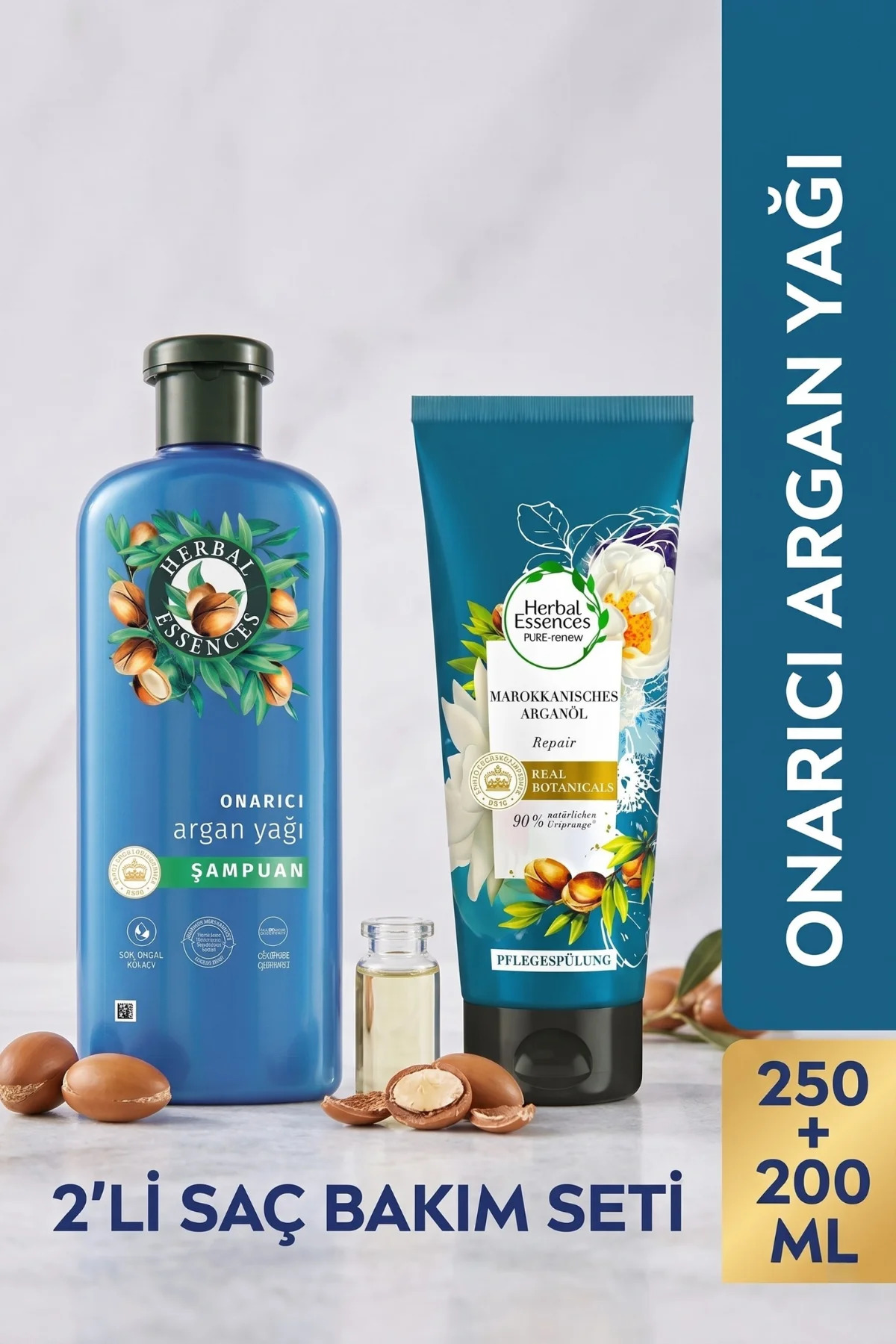 Herbal Essences Onarıcı Argan Yağı Şampuan 250ml + Saç Kremi Beach 200ml Bakim Seti