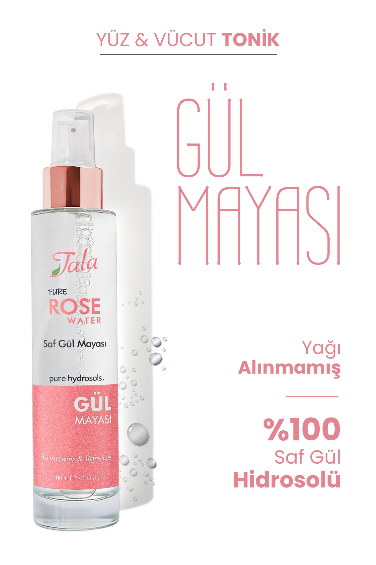 Tala Gül Mayası Gözenek Sıkılaştırıcı Aydınlatıcı ve Arındırıcı %100 Saf Gül Suyu Tonik 100 Ml