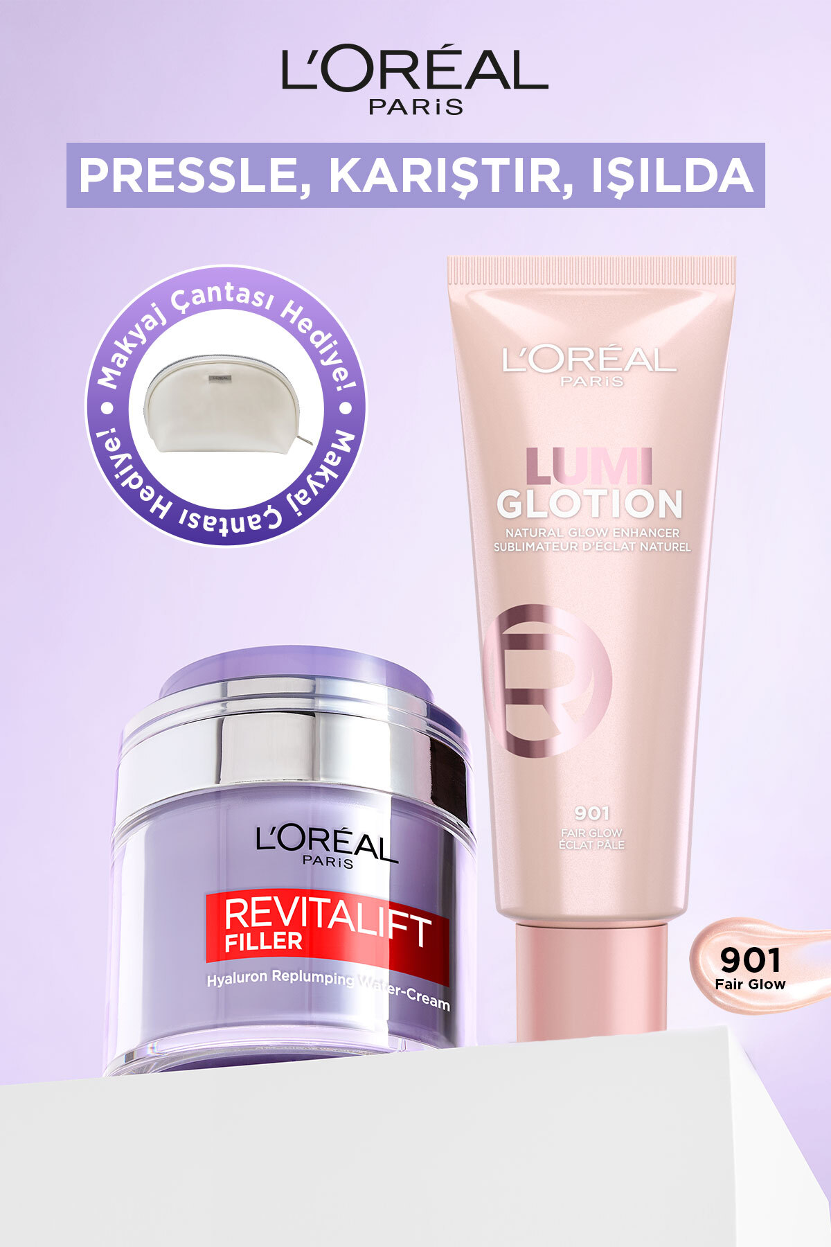 L'Oreal Paris Revitalift Filler Pressed Jar Nemlendirici Krem + Glotion Doğal Işıltı 901 Fair Glow 40 ml