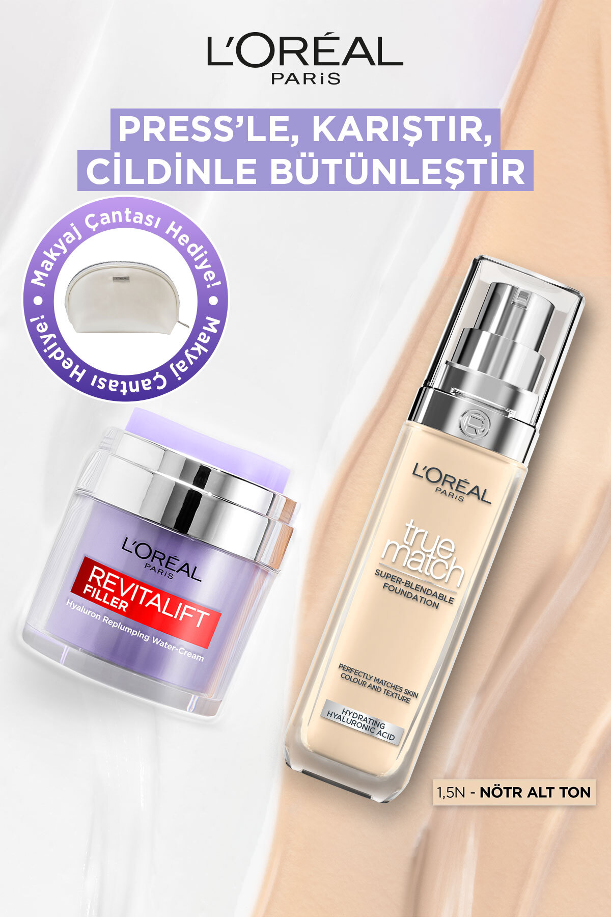 L'Oreal Paris Revitalift Filler Pressed Jar Nemlendirici Krem + True Match Bakım Yapan Fondöten 1.5N Nötr Alt Ton
