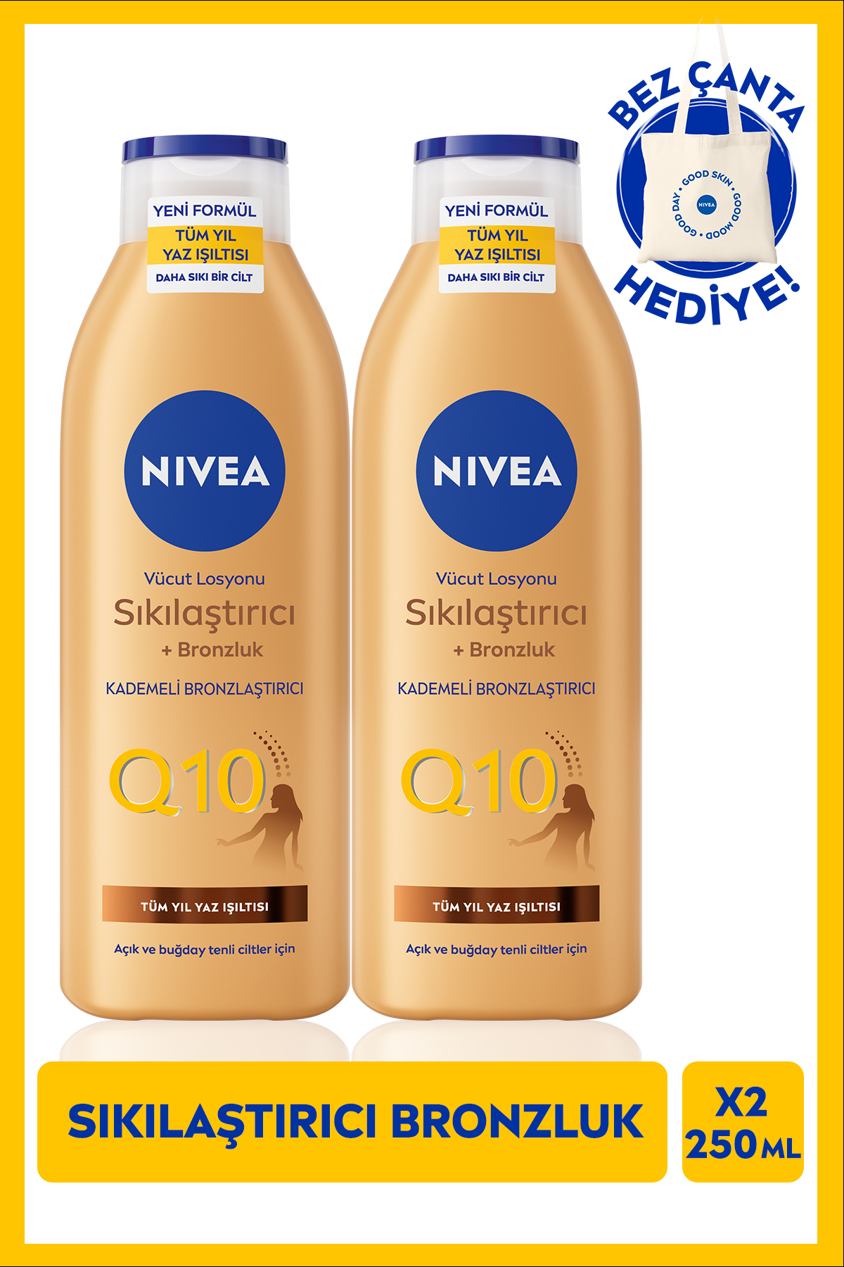 NIVEA Q10 Sıkılaştırıcı Ve Bronzlaştırıcı Vücut Bakım Losyonu 250ml, Nemlendirici, X2 Adet, Çanta Hediyeli