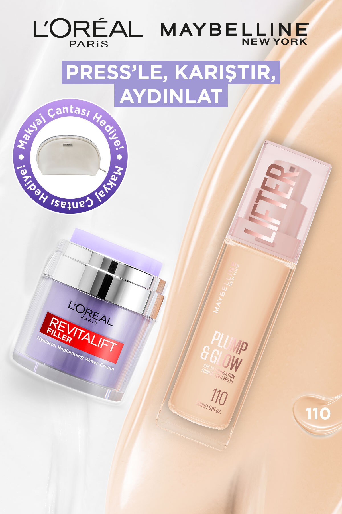 L'Oreal Paris Revitalift Filler Pressed Jar Nemlendirici Krem + Lifter Niasinamid Hyalüronik Asitli Fondöten 110