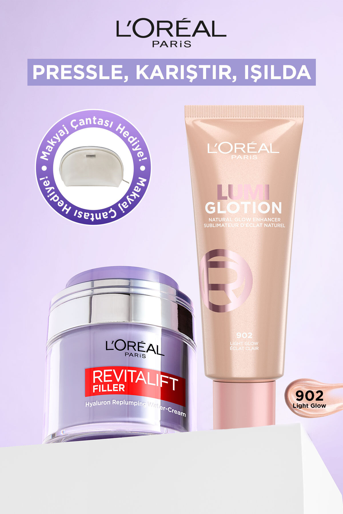 L'Oreal Paris Revitalift Filler Nemlendirici Yüz Kremi 50 ml + Glotion Doğal Işıltı 902 Light Glow 40 ml