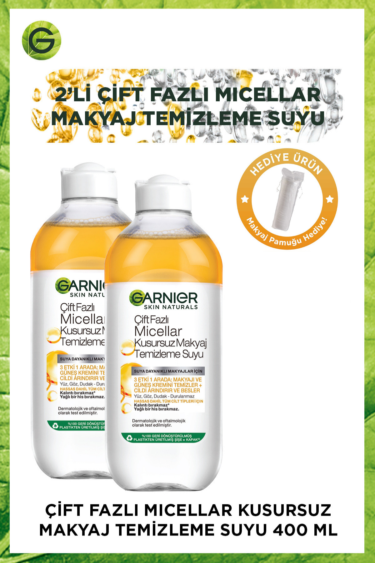 Garnier 2'li Çift Fazlı Micellar Makyaj Temizleme Suyu 400ML + Makyaj Temizleme Pamuğu