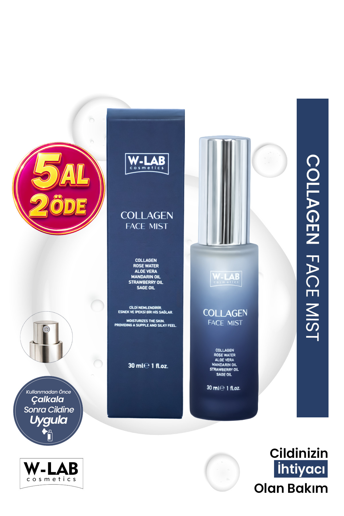 W-Lab Cosmetics Collagen Face Mist Cilt Sıkılaştırıcı & Elastikiyet Artırıcı Yüz Spreyi 30 Ml