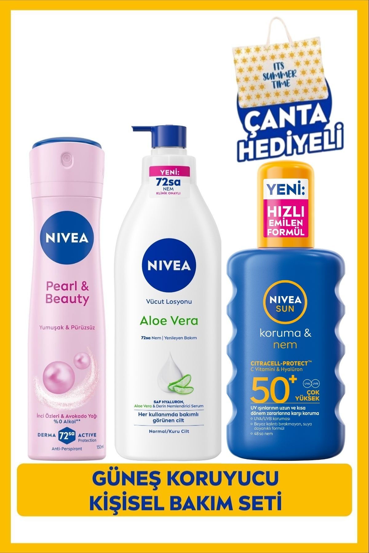 NIVEA SUN SPF50+ Güneş Koruyucu Vücut Spreyi 200ml, Nemlendirici Losyon, Deodorant, Çanta Hediyeli Yaz Set