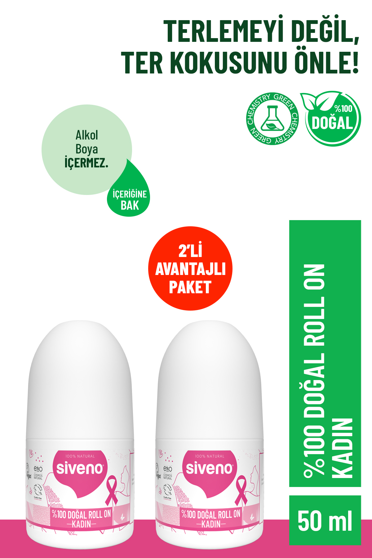 Siveno %100 Doğal Roll-On Kadın Deodorant Ter Kokusu Önleyici Bitkisel Leke Bırakmayan Vegan 50 ml X2 Adet