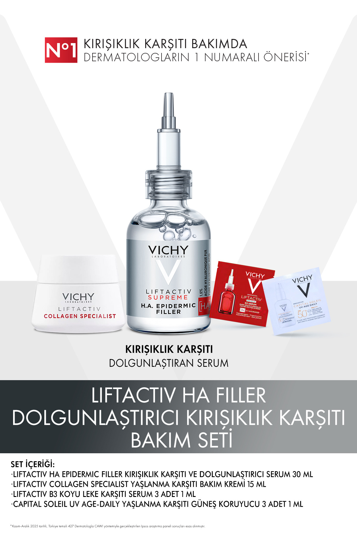 Vichy Cilt Bakım Seti: Liftactiv Dolgunlaştırıcı Serum, Yaşlanma Karşıtı Krem, Leke Karşıtı Serum