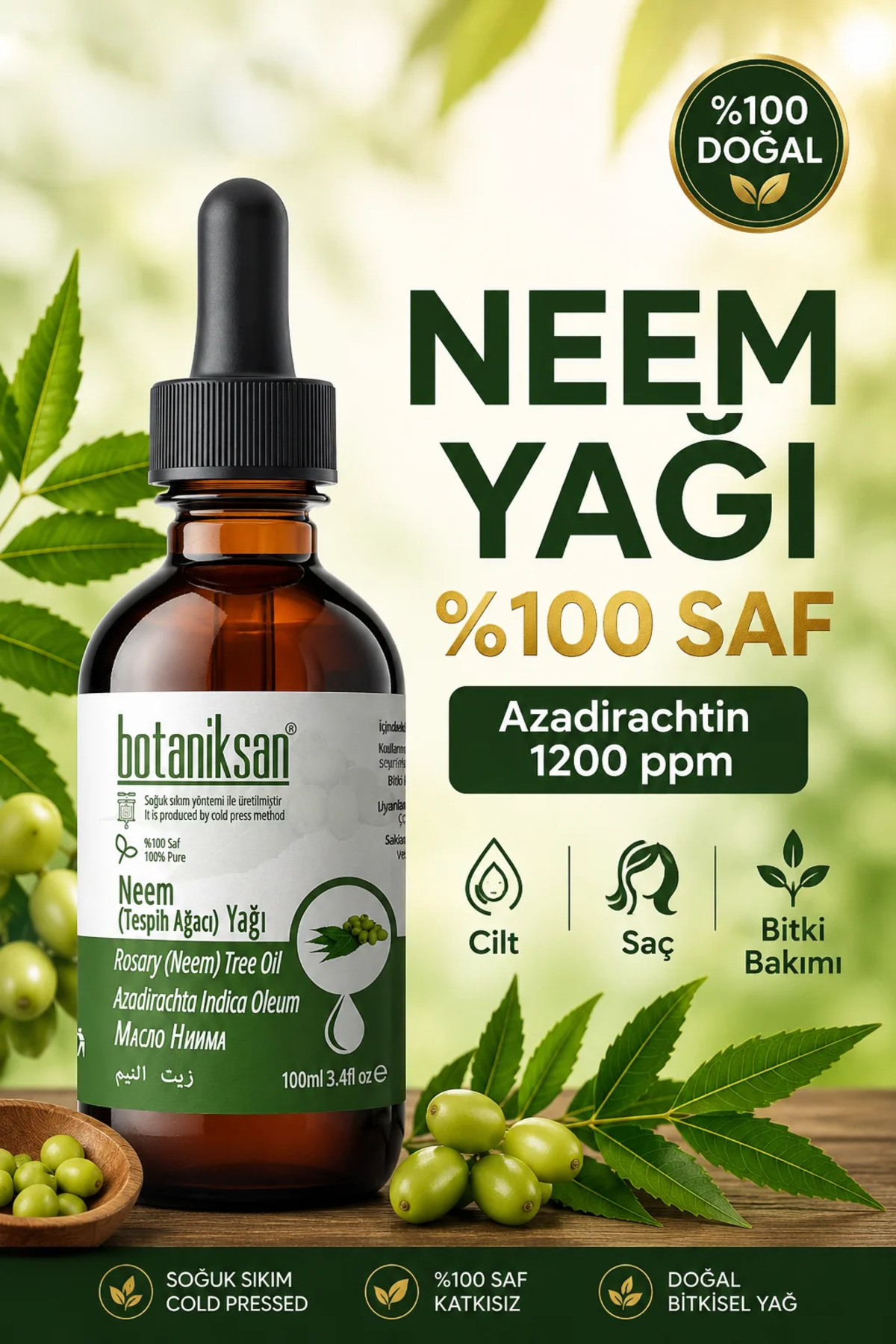 botaniksan Neem Yağı 100ml - Tesbih Ağacı Soğuk Sıkım, Cilt & Saç & Bitki Bakımı İçin %100 Saf