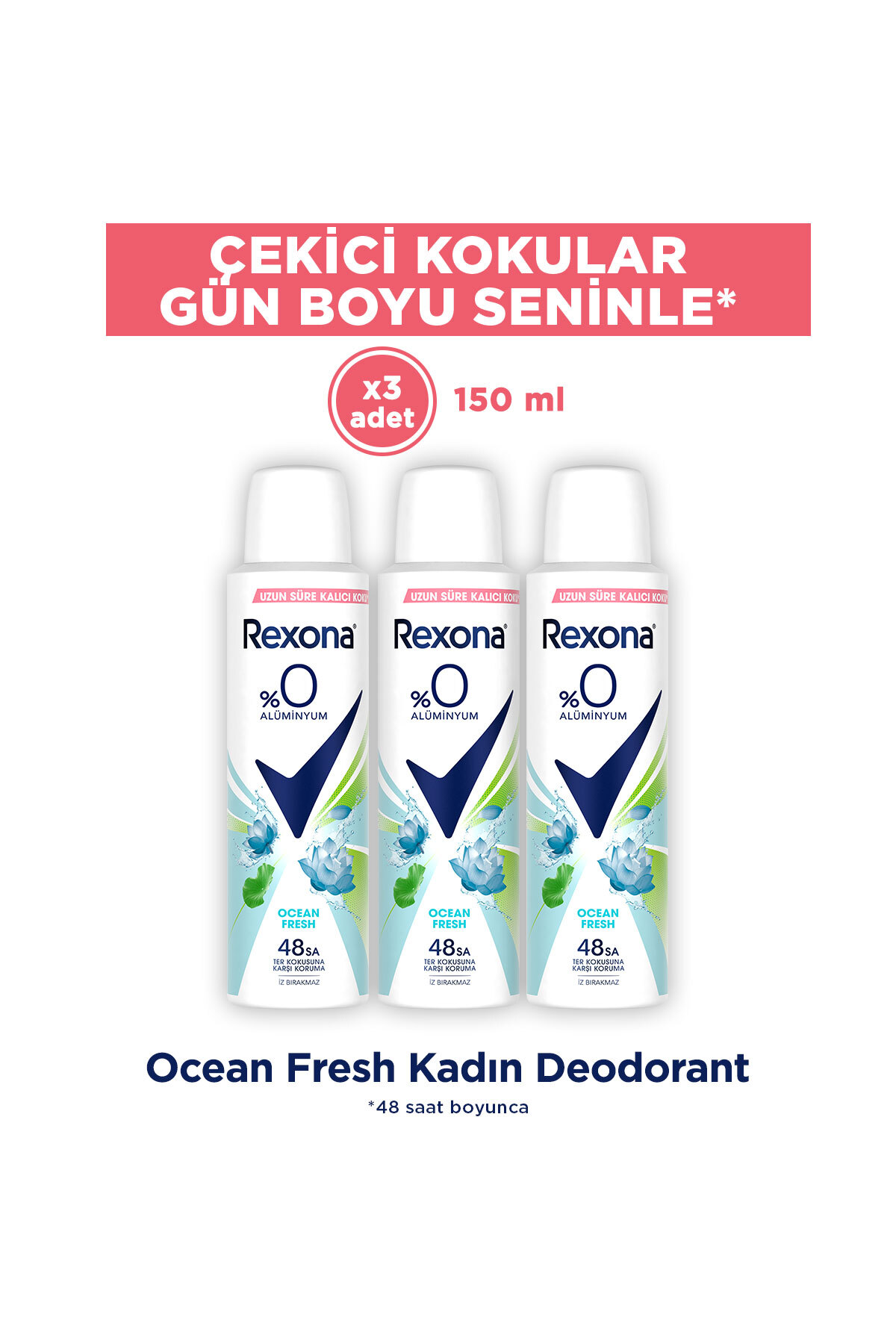 Rexona Kadın Sprey Deodorant Ocean Fresh %0 Alüminyum 48 Saat Ter Kokusuna Karşı Koruma 150 Ml X3