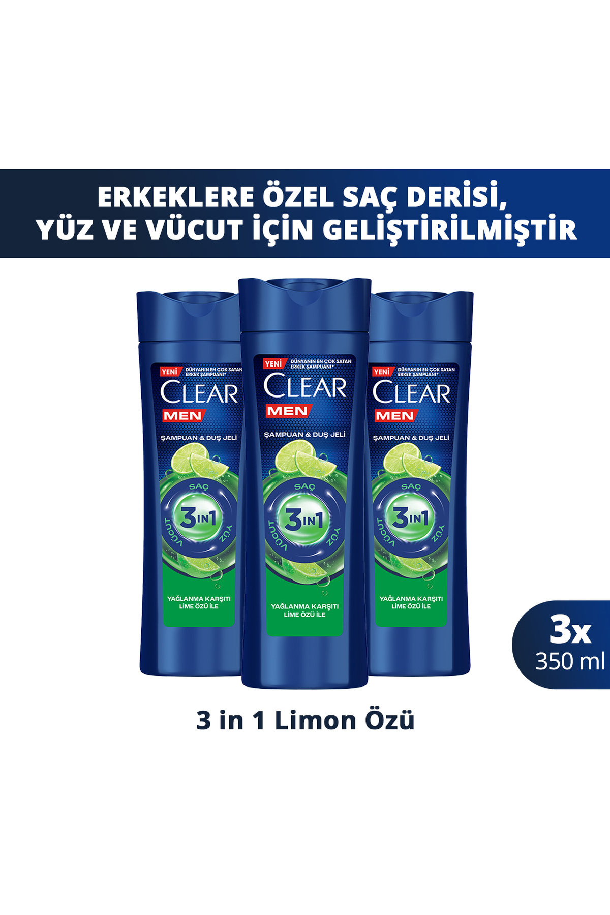 Clear Men 3in1 Şampuan & Duş Jeli Yağlanma Karşıtı Lime Özü 350 ml x3