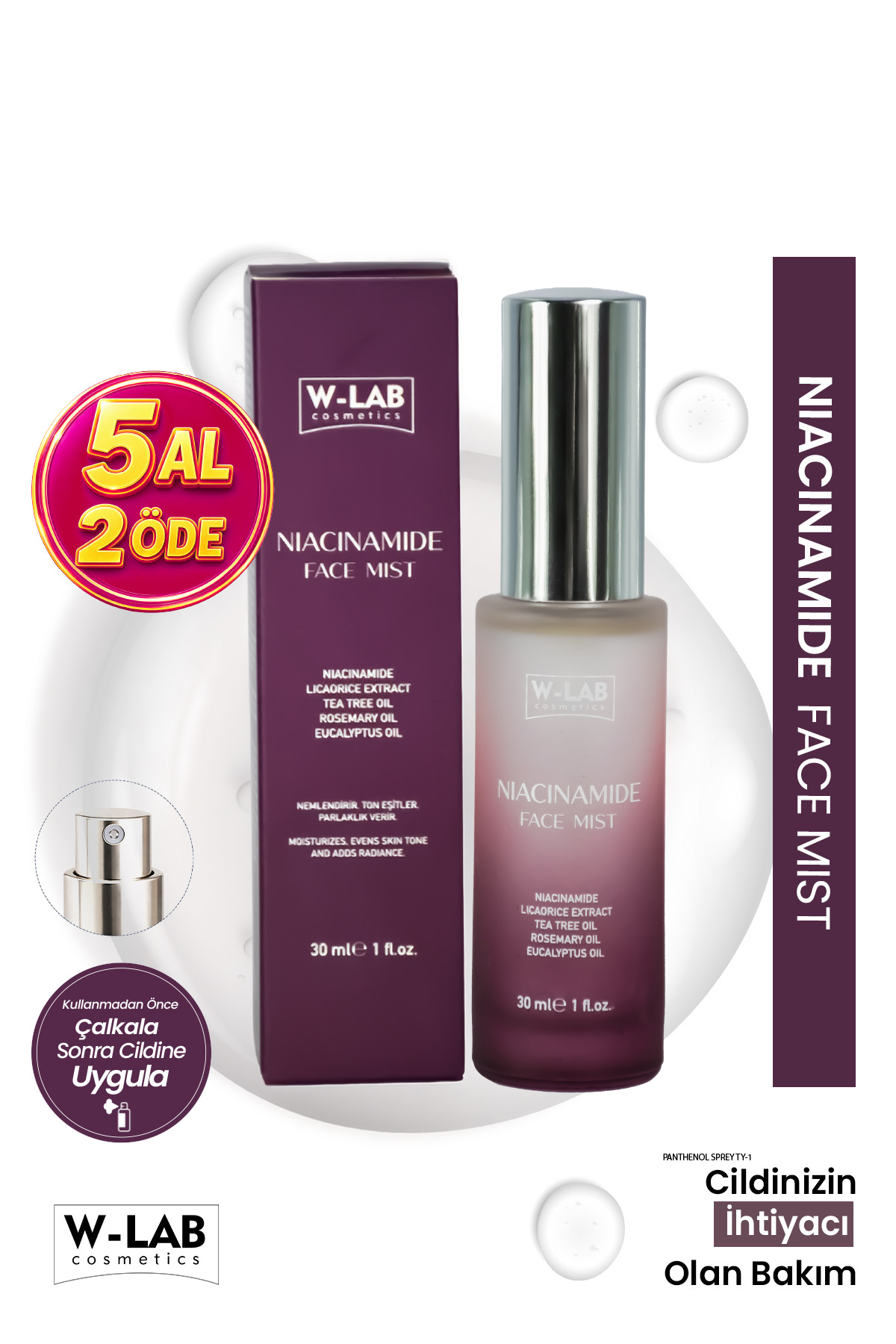 W-Lab Cosmetics Niacinamide Face Mist Cilt Tonu Eşitleyici ve Nemlendirici Yüz Spreyi 30 Ml