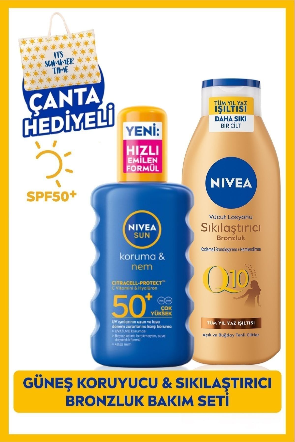 NIVEA SUN SPF50+ Güneş Koruyucu Sprey 200ml ve Q10 Bronzlaştırıcı Sıkılaştırıcı Losyon 250ml, Çanta Hediye