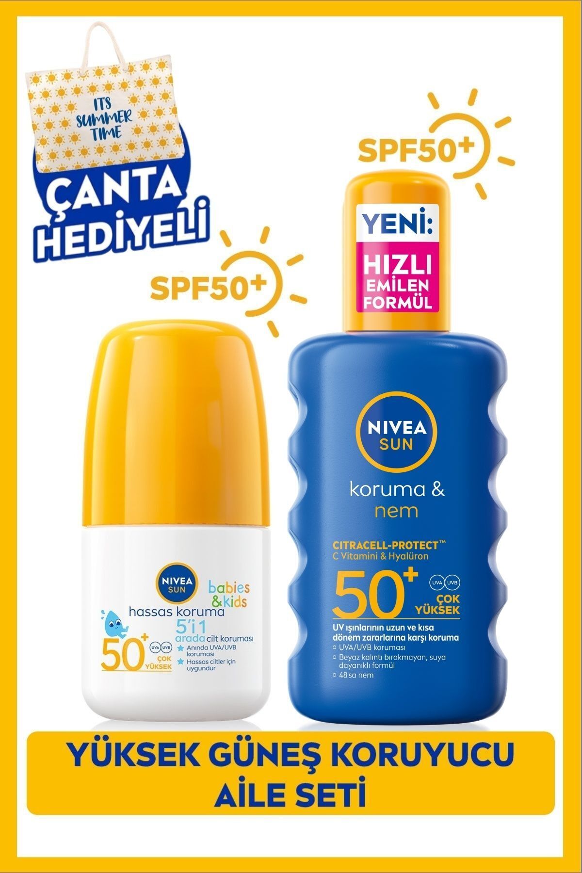 NIVEA SUN SPF50+ Çocuklara Özel Güneş Koruyucu Roll-on 50ml Ve Güneş Koruyucu Vücut Spreyi, Çanta Hediye